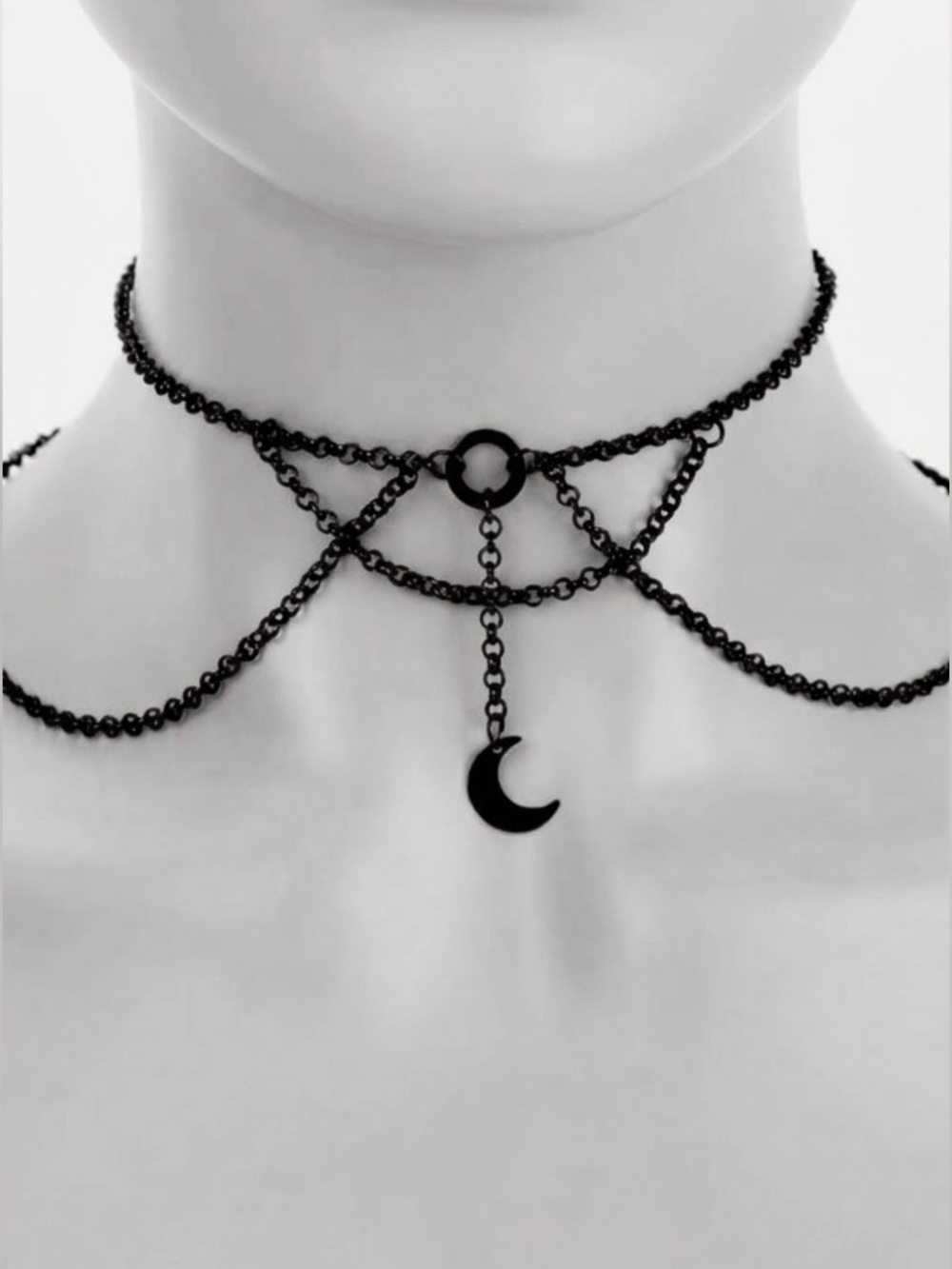Midnight Moon~ Black Crescent Harness Halter Tier Draping Chain Goth Boho Choker